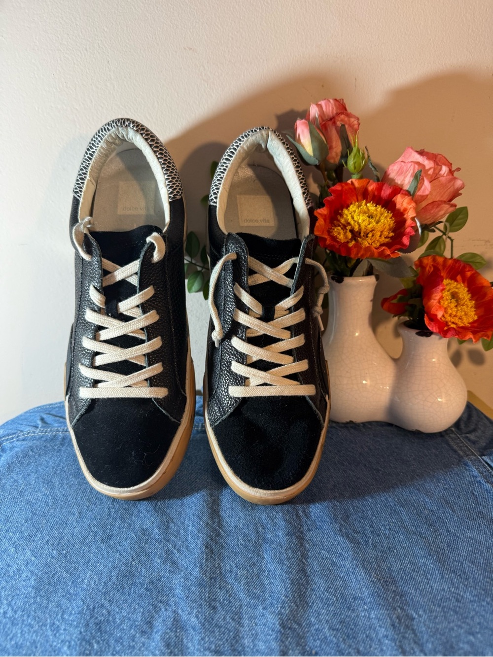 Dolce Vita Black Leather Sneakers with Suede Toe & silver and snakeskin accents